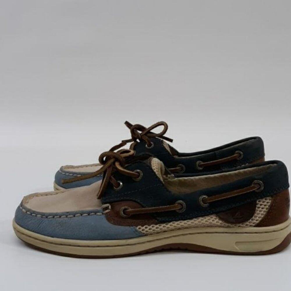 Sperry Top-Sider Shoes Womens 6.5M Tan & Blue Leather Deck Loafers Preppy‎